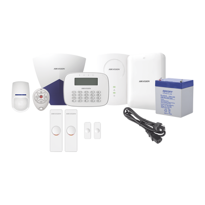 HIKVISION KIT Panel de Alarma / 1 Panel Híbrido / 1 Monitor LCD / 1 Expansor de zonas / 2 Contactos Magnéticos / 1 PIR / 1 Control remoto / 1 Cable de alimentación / 1 Sirena / 1 Bateria de 12vcc 4.5 Amp MOD: DS-PHA64V2/RF