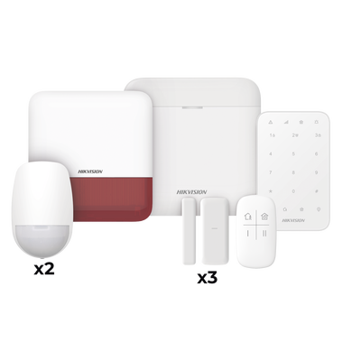 HIKVISION (AX PRO) KIT de Alarma AXP RO / Incluye: 1 Hub / 2 Sensores PIR / 3 Contactos Magnéticos mini / 1 Control Remoto / 1 Sirena Estrobo en color Rojo Inalambrica Exterior /1 Teclado Inalámbrico / WiFi / Compatible con Hik-Connect P2P MOD: DS-PWA48-FULL-K(R)