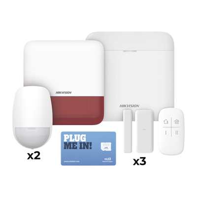 HIKVISION (AX PRO) KIT de Alarma AX PRO con GSM (3G/4G) / Incluye: 1 Hub / 2 Sensores PIR / 3 Contactos Magnéticos mini / 1 Control Remoto / 1 Sirena Roja Inalambrica Exterior / 1 WiFi / 1 MICROSIM30M2M con 1 mes de servicio/Compatible con Hik-Connect P2P MOD: DS-PWA48-KSDV2(R)