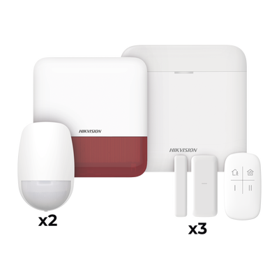 HIKVISION (AX PRO) KIT de Alarma AX PRO con GSM (3G/4G) / Incluye: 1 Hub con bateria de respaldo / 2 Sensores PIR / 3 Contactos Magnéticos mini / 1 Control Remoto / 1 Sirena estrobo Roja Inalambrica Exterior / WiFi / Compatible con Hik-Connect P2P MOD: DS-PWA48-KSV2(R)