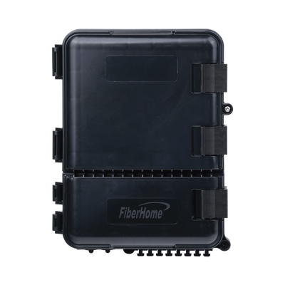 FIBERHOME Caja de Distribución de Fibra Óptica para 24 Empalmes, con 8 acopladores SC/APC simplex, Exterior IP55, Color Negro MOD: FDP-440A