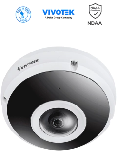 VIVOTEK FE9380-HV - Cámara IP fisheye exterior 5 MP, H.265, panorámica 360º, Smart IR 10m, WDR Pro, micrófono integrado, IP66/IK10, ciberseguridad Trend Micro, Smart Stream III, visión SNV, NDAA, ONVIF