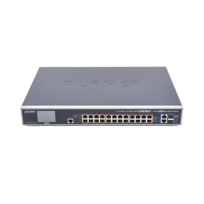 PLANET Switch Administrable L3, 24 puertos Gigabit PoE 802.3bt, 2 puertos 10G SFP+, Pantalla Tactil, Fuente Redundante, (600W) MOD: GS-6320-24UP2T2XV