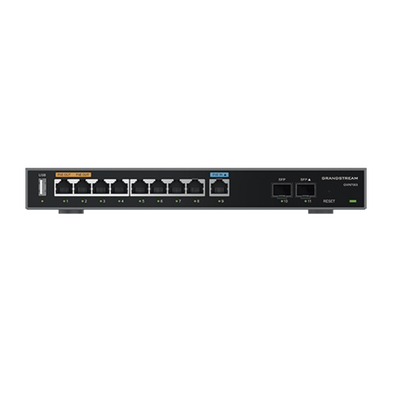 GRANDSTREAM Router Gigabit VPN / Balanceador de cargas / 60,000 sesiones NAT / 9 puertos 10/100/1000 Mbps + 2 puertos SFP (WAN/LAN) / 1 puerto entrada PoE(af/at) / 2 puertos salida PoE (af/at) / Compatible con GWN Cloud. GWN7003