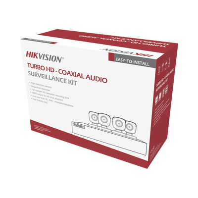 HIKVISION (MICRÓFONO INTEGRADO) KIT TURBOHD 5 Megapixel / DVR 4 Canales / 4 Cámaras Bala con Micrófono Integrado (exterior 2.8 mm) / Fuente de Poder / Accesorios de Instalación MOD: HIK5MPSLQ-KIT(B)