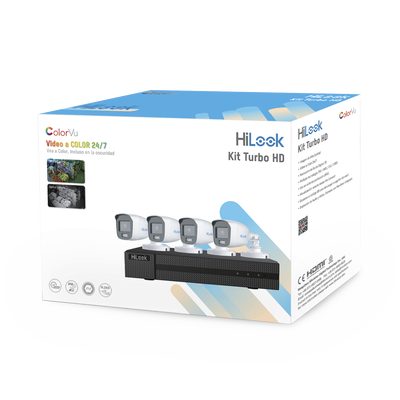 HiLook by HIKVISION Kit TurboHD 1080p / DVR 4 Canales / 4 Cámaras Bala ColorVu con Micrófono Integrado / Fuente de Poder / Accesorios de Instalación HL-1080-CV/A