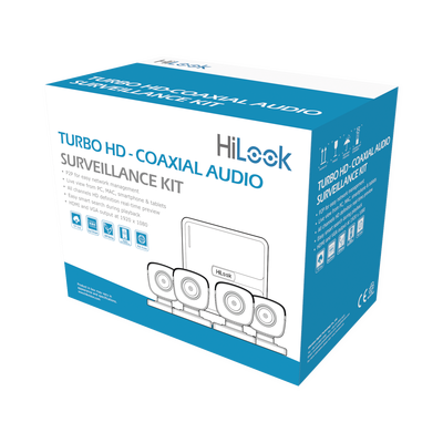 HiLook by HIKVISION (MICRÓFONO Integrado) Kit TurboHD 1080p Lite / DVR 4 canales / Audio por Coaxitron / 4 Cámaras Bala de Policarbonato con Micrófono Integrado MOD: HL1080PS(C)
