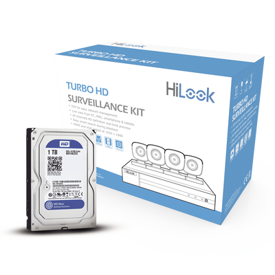 HiLook by HIKVISION KIT TurboHD 1080p / DVR 4 canales / 4 Cámaras Bala de Metal / Fuente de Poder / 1 Disco Duro 1TB / Accesorios de Instalación MOD: HL24LQKITS-M/1TB