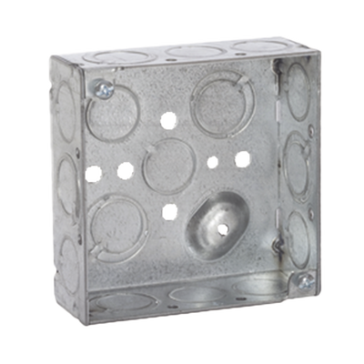 RACO Caja Cuadrada 4 x 4"/Profundidad 1- 1/2"/ 10 Entradas de 1/2" y 6 TKO (1/2"-3/4"). MOD: HUB189