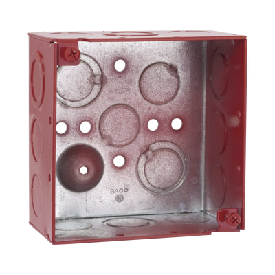 RACO Caja Cuadrada Galvanizada de 4" /Profundidad de 2 1/8" / Cuenta con 11 KO de 1/2" y 6 TKO (1/2" - 3/4")/ Color Rojo. HUB-911-3