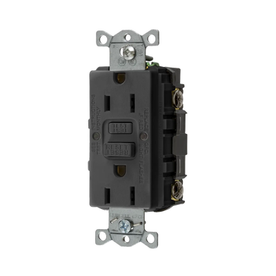 HUBBELL Contacto de Auto-verificación GFCI con Interruptor de Falla a Tierra de 15 A 125 V 2 Polos, 3 Hilos Color Negro (Nema 5-15R), Grado Comercial. MOD: HUB-GFR-ST-15-BK