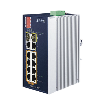 PLANET Switch Industrial PoE no administrable de 8 Puertos 10/100TX 802.3at, Hasta 240 W, Combo TP / SFP Gigabit TP / SFP (-40 ~ 75 grados C) MOD: IFGS-1022HPT