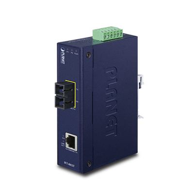 PLANET Convertidor de Medios Industrial, Multimodo, Puertos 10/100 Base-TX a 100 Base-FX, Interfaz SC, Hasta 2 km, Carcasa IP30, Soporta Temperatura de -40 a 75°C. IFT-802T