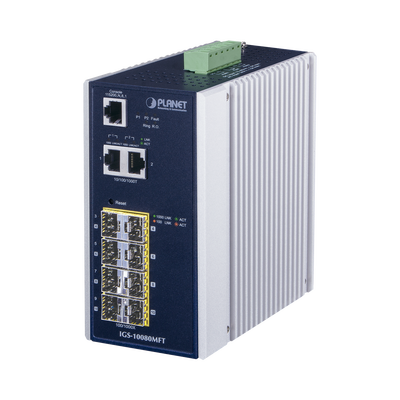 PLANET Switch Industrial Administrable L2+, 8 Puertos 1G SFP, 2 Puertos TP Gigabit, (-40 ~75 grados C) MOD: IGS-10080MFT