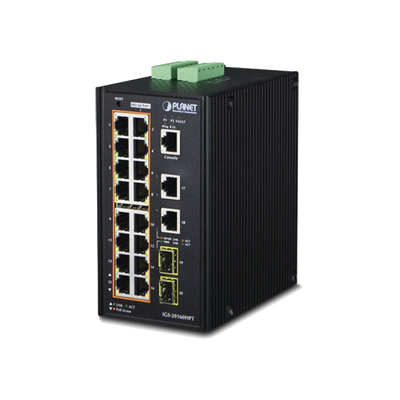 PLANET Switch Industrial Administrable 16 puertos 10/100/1000 T 802.3at PoE + 2 Puertos 10/100/1000 T + 2 puertos 100/1000 X SFP MOD: IGS-20160HPT
