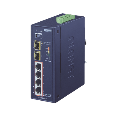 PLANET Switch PoE Industrial No Administrable de 4 Puertos PoE 10/100/1000T 802.3at, 2 Puertos SFP 10/1000X MOD: IGS-624HPT