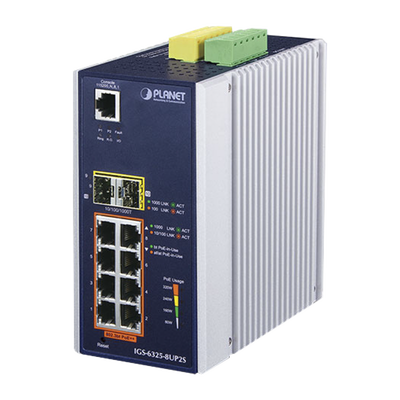 PLANET Switch Industrial Administrable Capa 3, 8 Puertos Gigabit PoE 802.3bt+, 2 Puertos 1 G / 2.5 G SFP+ MOD: IGS-6325-8UP2S