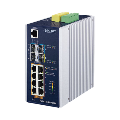 PLANET Switch Industrial Administrable Capa 3 con 8 Puertos Gigabit PoE 802.3bt, 2 Puertos SFP de 1 G/2.5 G, 2 Puertos SFP 10 G IGS-6325-8UP2S2X