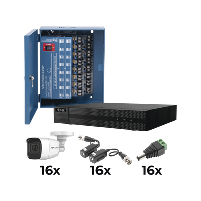 EPCOM KIT TurboHD 1080p / DVR 16 Canales / 16 Cámaras Bala Policarbonato con Microfono (exterior 2.8 mm) / Transceptores / Conectores / Fuente de Poder Profesional MOD: KESTX8T16BGP/A