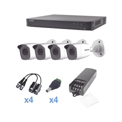 EPCOM KIT TurboHD 1080p / DVR 4 Canales / 4 Cámaras Bala Metálicas (exterior 2.8 mm) / Transceptores / Conectores / Fuente de Poder Profesional MOD: KEVTX8T4BW