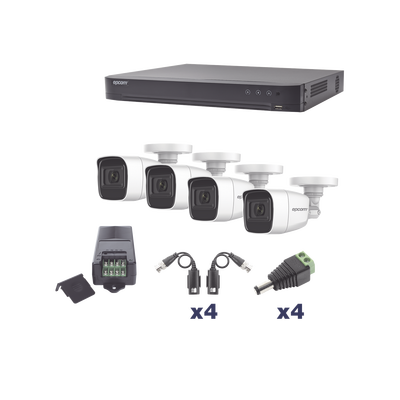 EPCOM KIT TurboHD 1080p / DVR 4 Canales / 4 Cámaras Bala Policarbonato con Audio Integrado (exterior 2.8 mm) / Transceptores / Conectores / Fuente de Poder Profesional MOD: KEVTX8T4BW/A