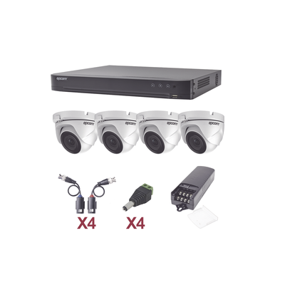 EPCOM KIT TurboHD 1080p / DVR 4 Canales / 4 Cámaras Eyeball (exterior 2.8 mm) / Transceptores / Conectores / Fuente de Poder Profesional MOD: KEVTX8T4EW