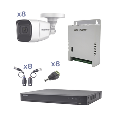 EPCOM KIT TurboHD con Audio 1080p / DVR 8 Canales / 8 Cámaras Bala (exterior 2.8 mm) / Transceptores / Conectores / Fuente de Poder / AUDIO POR COAXITRON MOD: KEVTX8T8BG/A