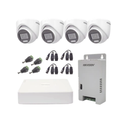 HIKVISION KIT TurboHD 1080p / DVR 4 Canales con audio por coaxitron / 4 Cámaras con Micrófono y 106° Visión/ luz blanca + IR visión nocturna / Transceptores / Conectores / Fuente de Poder Profesional MOD: KH1080P4ESFH