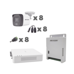 HIKVISION KIT TurboHD 1080p / DVR 8 Canales con audio por coaxitron / 8 Cámaras con Micrófono Integrado 101° Visión/ luz blanca + IR visión nocturna / Transceptores / Conectores / Fuente de Poder Profesional MOD: KH1080P8BFH