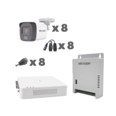 HIKVISION KIT TurboHD 1080p / DVR 8 Canales con audio por coaxitron / 8 Cámaras con Micrófono Integrado 101° Visión/ luz blanca + IR visión nocturna / Transceptores / Conectores / Fuente de Poder Profesional MOD: KH1080P8BFH