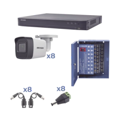 HIKVISION KIT TurboHD 1080p / DVR 8 Canales / 8 Cámaras Bala (exterior 2.8 mm) / Transceptores / Conectores / Fuente de Poder Profesional hasta 15 Vcc para Larga Distancia MOD: KH1080P8BW