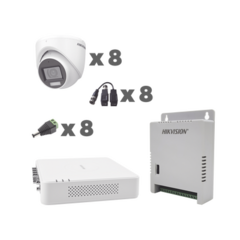 HIKVISION KIT TurboHD 1080p / DVR 8 Canales con audio por coaxitron / 8 Cámaras con Micrófono Integrado 106° Visión/ luz blanca + IR visión nocturna / Transceptores / Conectores / Fuente de Poder Profesional MOD: KH1080P8EWFH