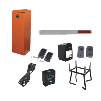 ACCESSPRO Kit COMPLETO Barrera Derecha XB NARANJADA / Brazo telescópico 3.6 ~ 5.5 M / Incluye Sensor de masa, Transformador, Lazo, Ancla, Fotoceldas y 2 Controles Inalámbricos MOD: KIT-XBS-RN