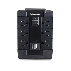 CYBERPOWER Multicontacto con Supresor de Picos de Pared, Voltaje de Entrada 125 Vca NEMA 5-15P, Con 6 Salidas NEMA 5-15R, 2 Puertos de Carga USB, 1200 Joules MOD: P600WSURC1