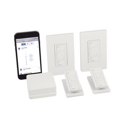 LUTRON ELECTRONICS (Caseta Wireless) Kit Hub controlador, 2 atenuadores, 2 controles remotos, 2 base mesa y 2 tapas. PBDGPKG2W