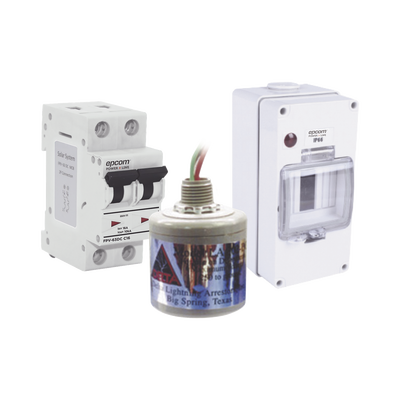 EPCOM POWERLINE Kit de Centro de Carga Para Corriente Directa, Breaker de hasta 800 Vcc de 16 A con Supresor de Descargas Atmosféricas. MOD: PL16ACD