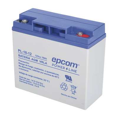 EPCOM POWERLINE Batería de respaldo / 12 V, 18 Ah / UL / Tecnología AGM-VRLA / Para uso en equipo electrónico Alarmas de intrusión / Incendio/ Control de acceso / Video Vigilancia / Terminales de tornillo M5 ( HEX ). PL-18-12