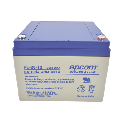 EPCOM POWERLINE Batería de respaldo / 12 V, 26 Ah / UL / Tecnología AGM-VRLA / Para uso en equipo electrónico Alarmas de intrusión / Incendio/ Control de acceso / Video Vigilancia / Terminales de tornillo M5 ( HEX ). PL-26-12