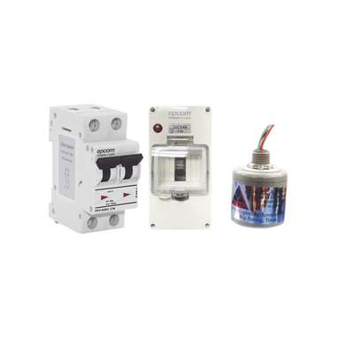 EPCOM POWERLINE Kit de Centro de Carga Para Corriente Directa, Breaker de hasta 800 Vcc de 32 A con Supresor de Descargas Atmosféricas. MOD: PL32ACD