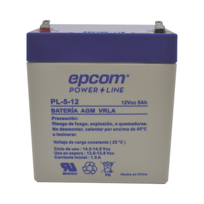 EPCOM POWERLINE Batería de respaldo / 12 V, 5 Ah / UL / Tecnología AGM-VRLA / Para uso en equipo electrónico Alarmas de intrusión / Incendio/ Control de acceso / Video Vigilancia / Terminales F1 PL512