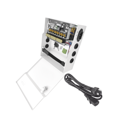 EPCOM POWERLINE Fuente de Poder con ajuste de voltaje de 11- 15 Vcc / 10 A / 9 Salidas / Capacidad de Batería de Respaldo / Requiere Batería / Voltaje de Entrada 96-264 Vca MOD: PLK12DC8ABK