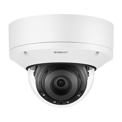 Hanwha Techwin Wisenet Cámara Domo 4K con IA / Lente Motorizado de 4.5 a 10mm / P-Iris, WDR 120dB / Ranura SD / Protección IP52 e IK10 PND-A9081RV