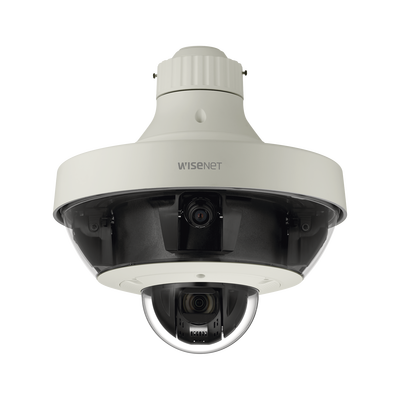 Hanwha Techwin Wisenet Cámara IP Multisensor 8 - 20 MP (4 sensores de 2 o 5 MP) lentes intercambiables con PTZ 2 MP 32X / Hasta 5 tarjetas SD de 256 GB / WDR de hasta 150dB / IP66 / IK10 MOD: PNM-9321VQP