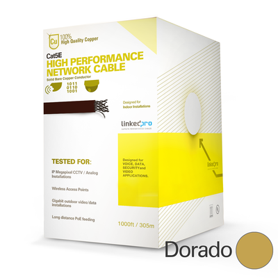 LINKEDPRO BY EPCOM Bobina de cable de 1000 ft ( 305 m ) Cat5e de alto rendimiento, UL, color Dorado, para aplicaciones en CCTV, datos de alta velocidad. Uso interior MOD: PROCAT5ED/1000