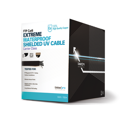 LINKEDPRO BY EPCOM Bobina de 152.5 metros Cat6+ CALIBRE 23 Exterior Blindado tipo FTP Para Climas Extremos, UL para aplicaciones de video vigilancia y redes de datos. Para uso en Intemperie. MOD: PRO-CAT-6-EXT/500