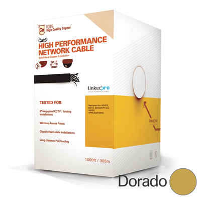 LINKEDPRO BY EPCOM Bobina de cable de 305 metros de cable Cat6 de alto desempeño; color Dorado, super flexible, UL , para aplicaciones de CCTV y redes de datos MOD: PROCAT6PLUSD/1000