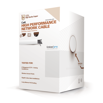 LINKEDPRO BY EPCOM Bobina de cable de 305 metros de cable Cat6 de alto desempeño, super flexible, UL, Cobre, color blanco, para aplicaciones de video vigilancia y redes de datos MOD: PRO-CAT-6-PLUSW
