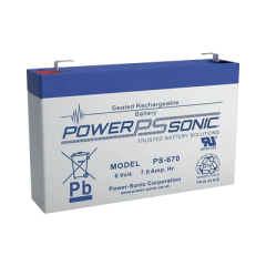 POWER SONIC Batería Ácido de Plomo, Sellada, Recargable, 6V, 7AH, 5 Años Vida Útil, Terminales tipo F1, Reconocida UL PS-670-F1