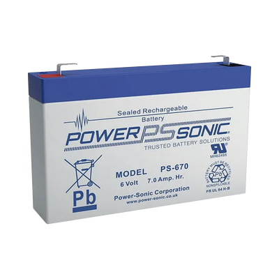 POWER SONIC Batería Ácido de Plomo, Sellada, Recargable, 6V, 7AH, 5 Años Vida Útil, Terminales tipo F1, Reconocida UL PS-670-F1