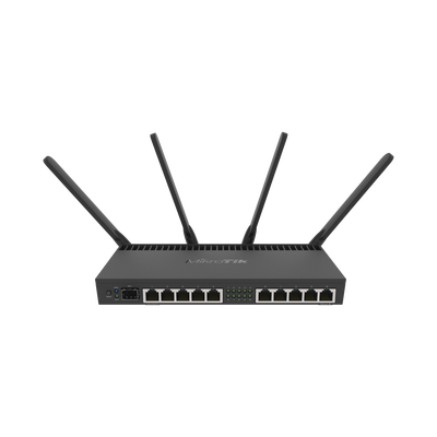 MIKROTIK Router con Wi-Fi 4x4 MU-MIMO, hasta 2 watts de potencia, antenas de 3 dBi, 10 puertos Gigabit, 1 Puerto SFP+ MOD: RB4011IGS+5HACQ2HND-IN